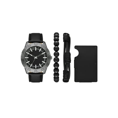 Folio Men's Gunmetal Tone Round Analog Watch with Black Faux Leather Strap, Layered Bracelets and Black Metal Card Case Gift Set (FMDAL1143)