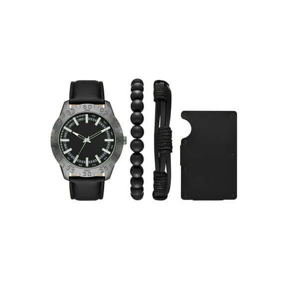 Folio Men's Gunmetal Tone Round Analog Watch with Black Faux Leather Strap, Layered Bracelets and Black Metal Card Case Gift Set (FMDAL1143)