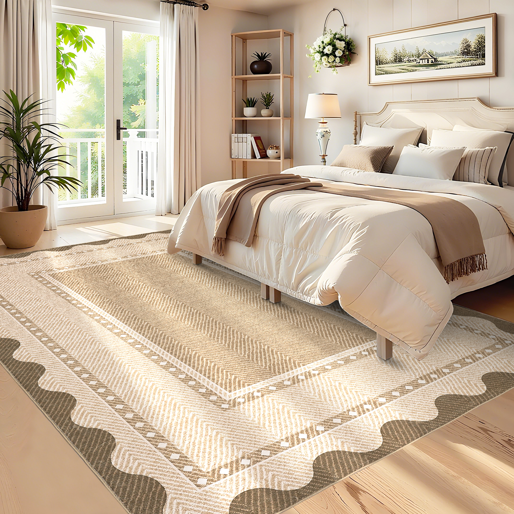 HIWEAVER Yellow 9' x 12' Washable Scalloped Bordered Pattern Area Rug for Living Room Indoor Throw Carpet ​Modern Non-Slip Foldable Floor Cover for Dorm Home Decor