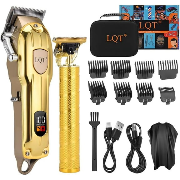 Professional Hair Clipper Set, Gold, LED Display, with Trimmer, 8 Guide Combs, Barber Shaver Set, with Travel Case and Haircut Cape (Gold)