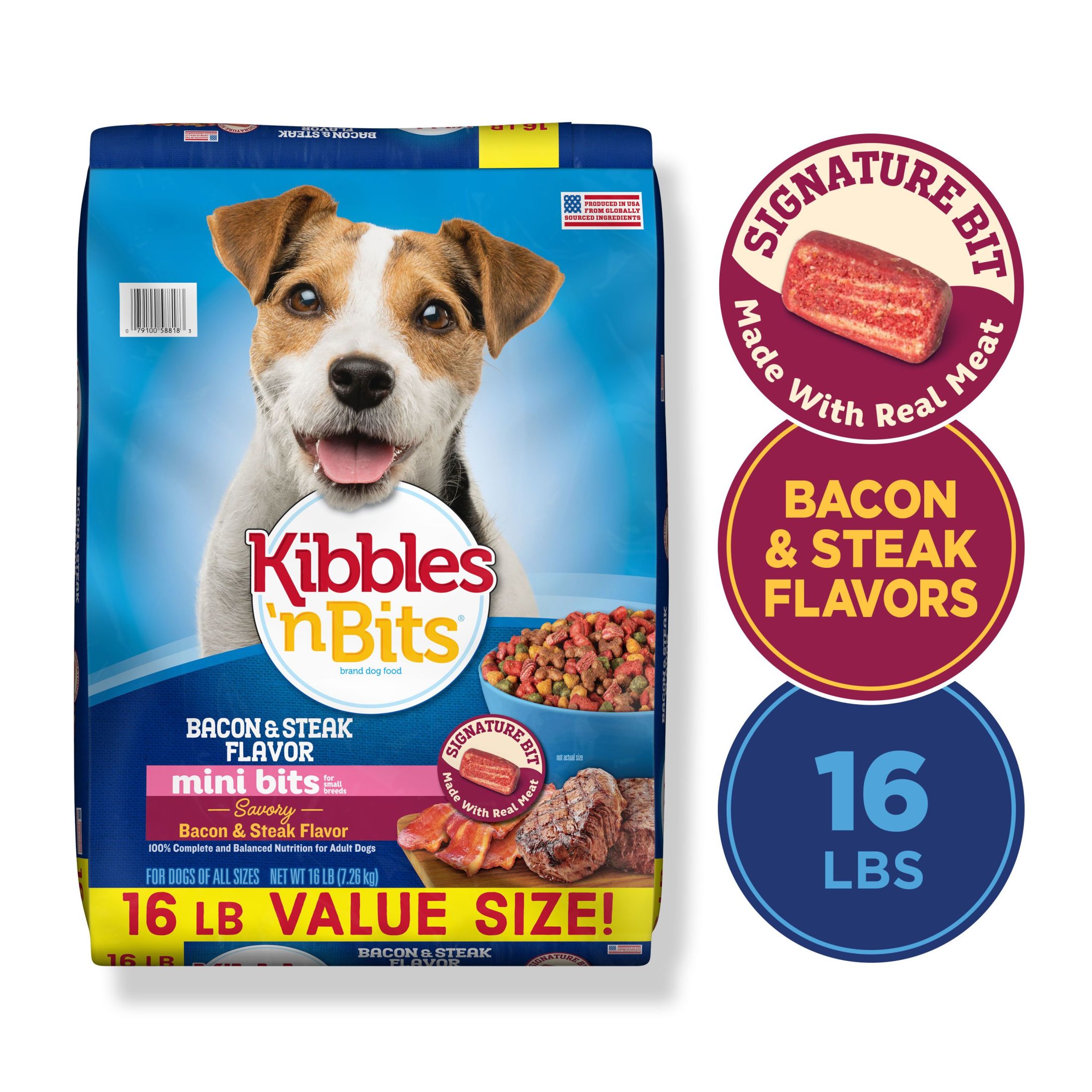 Kibbles ‘n Bits Mini Bits Small Breed Dry Dog Food Savory Bacon & Steak Flavor, (1) 16 lb. Bag