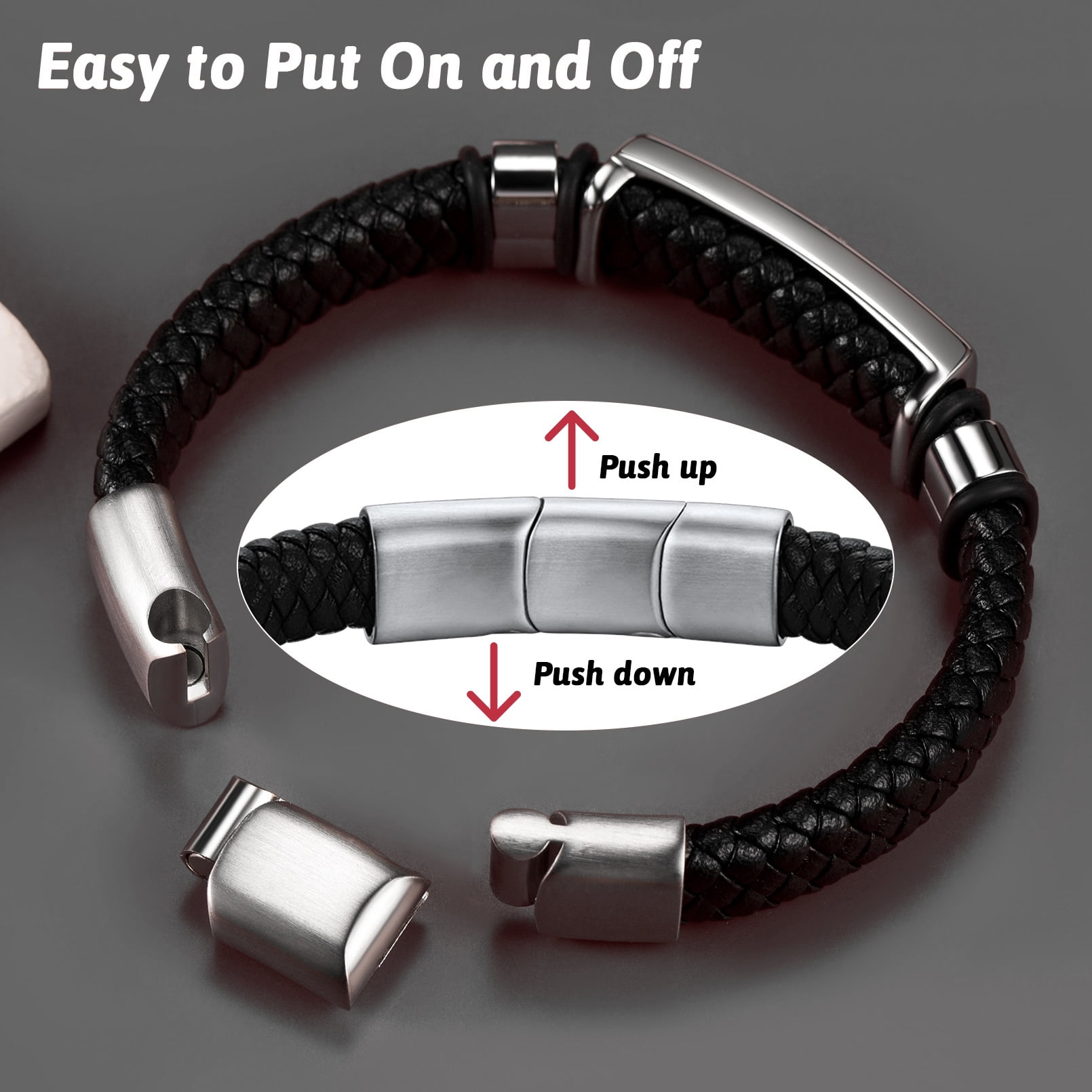 FaithHeart Braided Leather Bracelet for Men Stainless Steel Name Plate Wristband Adjustable Bangles Gothic Punk Cuff Charm Leather Band Buckle Clasp Jewelry Gift for Dad Grandpa Fathers Day