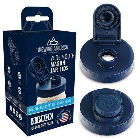 

Brewing America Mason Jar Lids Wide Mouth Plastic - Leak Proof Flip Cap - Blue 4 Pack - Made in the USA