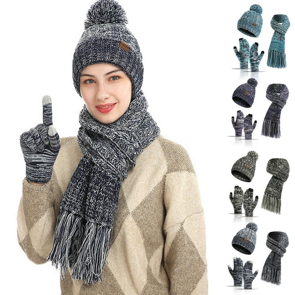 Windfall Women Winter Hat Warm Beanie Hat Knit Gloves Winter Scarf Soft Thick Slouchy Knitted Hat Gloves Set