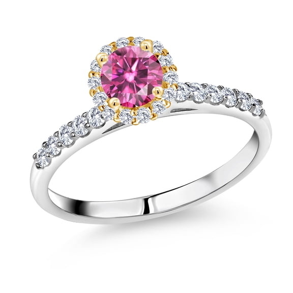 Gem Stone King 925 Sterling Silver Ring with 10K Yellow Gold Prongs Pink Moissanite and Lab Grown Diamond (0.79 Cttw, Size 6)