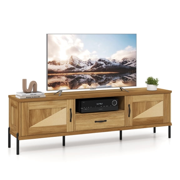 Costway Rattan TV Stand for TVs up to 80” with 2 Storage Cabinets, Open Shelf & Drawer