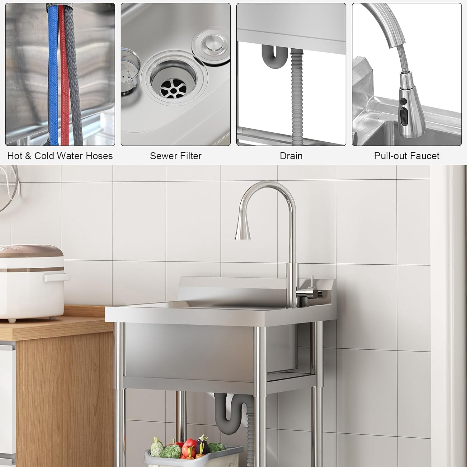 24 Inch Utility Sink With Faucet & Cold and Hot Water Pipes, Free Standing Sink for Kitchen Laundry Room Bathroom Restaurant Garage Garden Backyard, Stainless Steel Sink, Single Bowl Sink