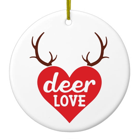DistinctInk Hanging Ceramic Christmass Tree Ornament with Gold String - Great Gift / Present - 2 3/4 inch diameter - Deer Love - Red Antlers