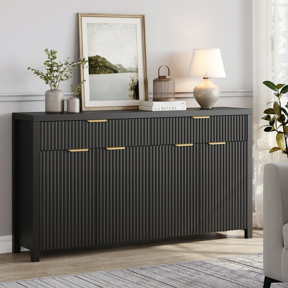 Laintene Sideboard Cabinet, 55" Fluted Buffet Cabinet with Storage Drawers, Modern Accent Storage Cabinet with Adjustable Shelves, Wood TV Stand for Kitchen, Dining Living Room, Entryway, Black