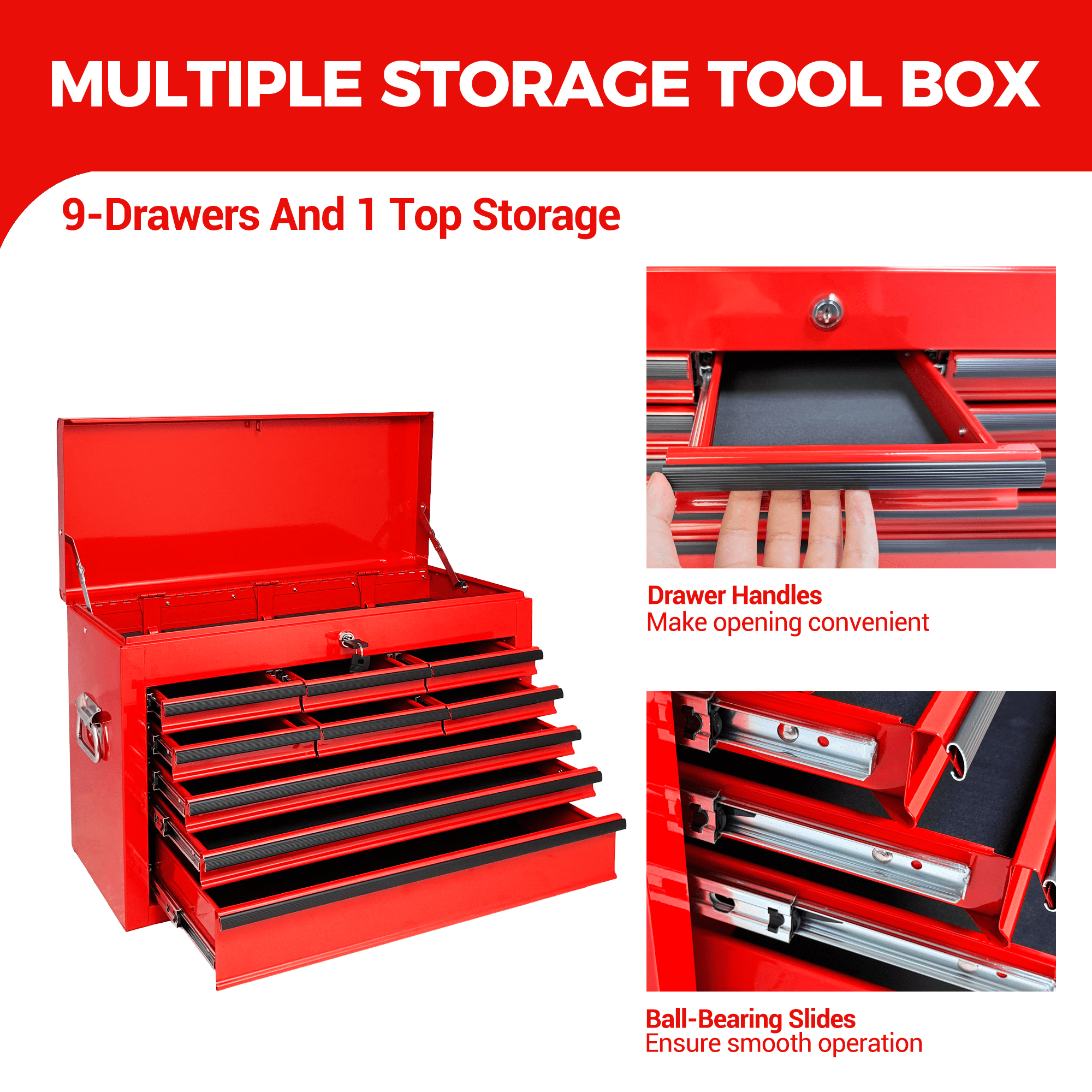 Heavy Duty Metal Tool Box,24 Inch Portable Tool Chest with 9 Drawers, Ball Bearing Slide Drawers with Auto-Locking System, Lockable Top Box Tool Organizer for Garage, Workshop, Truck,Red