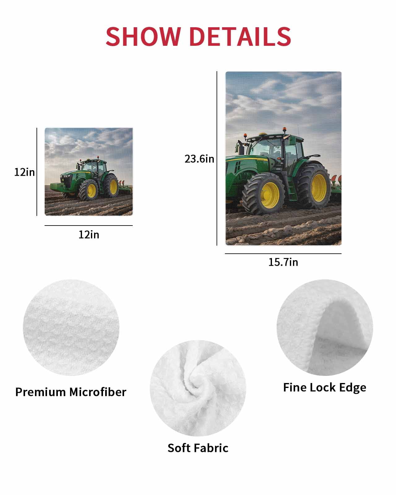 Farm Tractor Kitchen Dish Towels for Drying Dishes Set of 4, Green Truck Country Rustic Field Harvester Waffle Weave Microfiber Hand Tea Bathroom Towels Quick Dry & Absorbent Towel 12x12