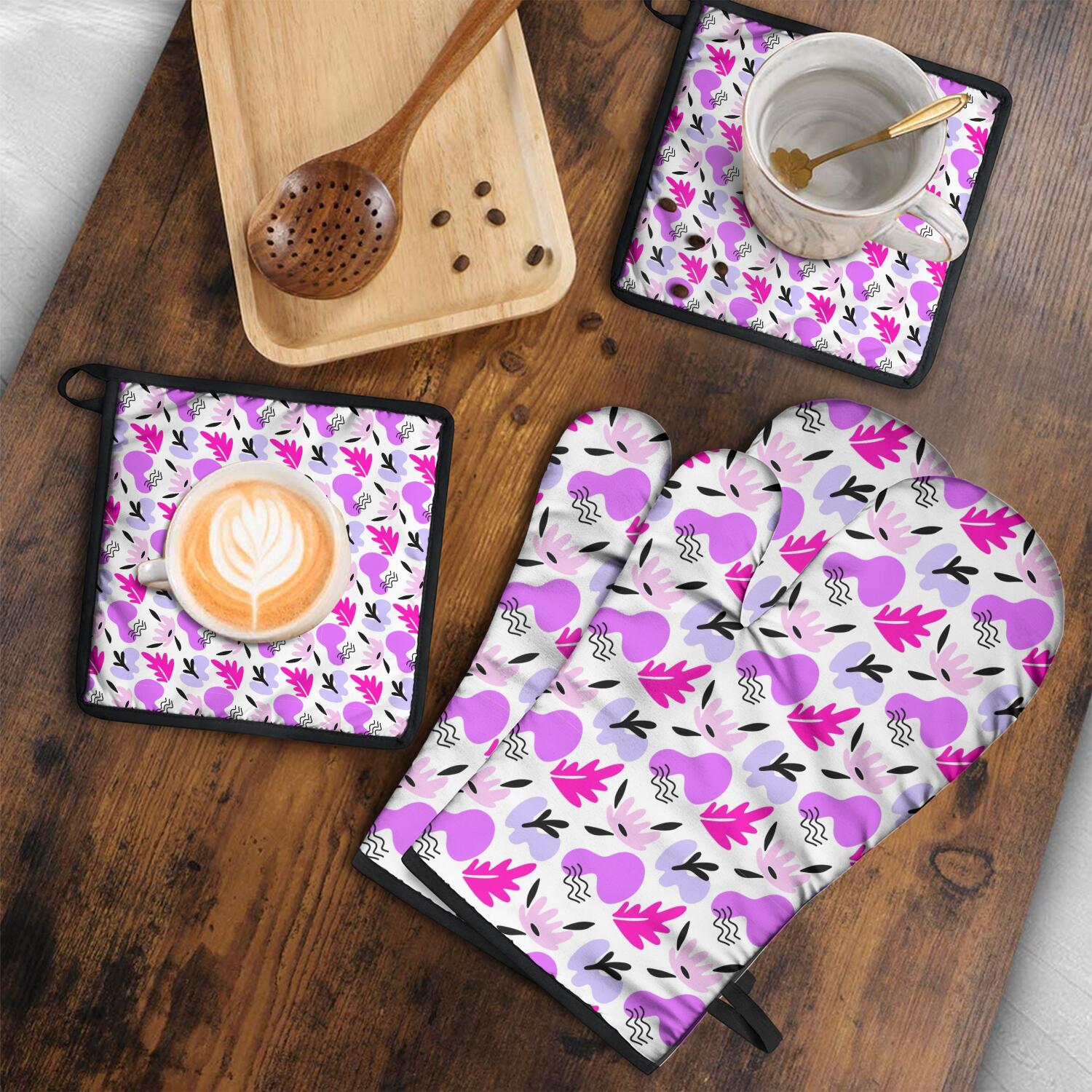 Floral Pattern Oven Mitts and Pot Holders Set Of 4, Heat Resistant Kitchen Gloves with Non-Slip Grip, Hanging Loop, Soft Cotton Lining for Baking, Cooking, Grilling, Barbecue