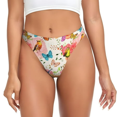 Sigee Flowers And Birds Watercolor for Women s G-String Panty  Low Rise  Soft Lace Perfect for Everyday Wear or Special Occasions-X-Small