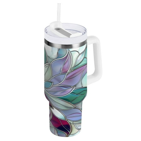 

Violet Red Floral Stained Glass Tumbler with Handle and Straw Lid 30 oz Insulated Vacuum Water Bottle Stainless Steel Travel Cup