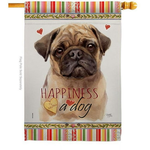 Breeze Decor H110266-BO Fawn Pug Happiness Animals Dog 28 x 40 in. Double-Sided Decorative Vertical House Flags for Decoration Banner Garden Yard Gift