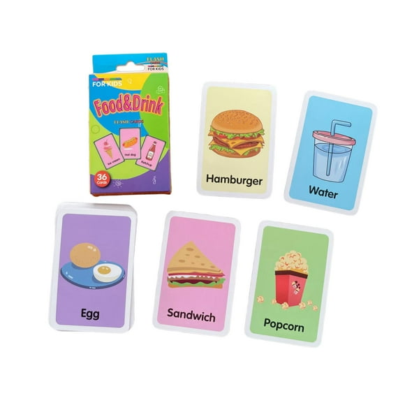 36 tarjetas didácticas de reconocimiento de objetos y estaciones para niños pequeños Comida y bebida