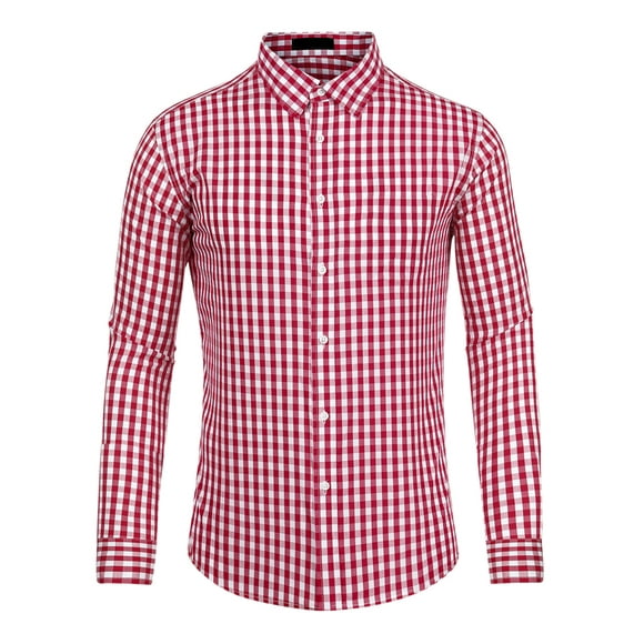 Men's Plaid Shirt Regular Fit Button Down Long Sleeves Dress Checkered Shirts Red White L