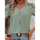 thumbnail image 2 of Camiseta con cuello en V para mujer, mangas cortas de pétalos, botón frontal, blusas holgadas informales caladas, Color oliva XXL, 2 of 6
