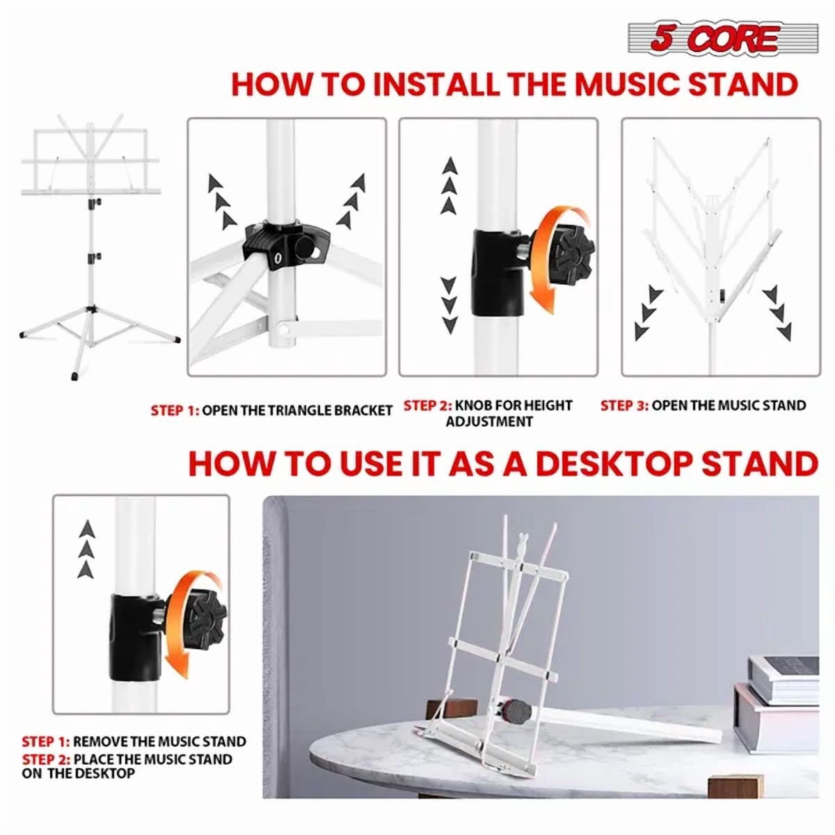 5 Core Music Stand Adjustable Desktop Book Stands Portable Sheet Holder All Metal Foldable Bookstand - MUS FLD WH