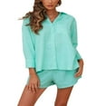 thumbnail image 1 of Femmes 2Piece Casual Outfit Set Coton Lin Bouton Chemise Taille Haute Mini Shorts Set Loungewear, 1 of 6