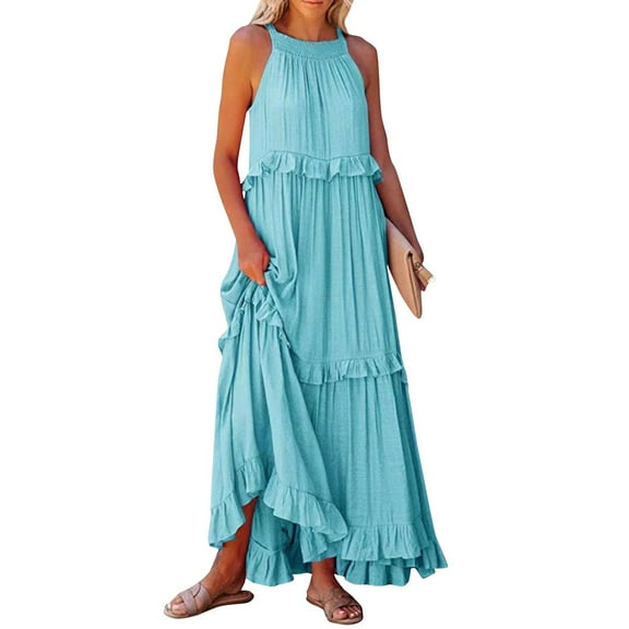 Mohiass Solid Color Halter Ruffle Maxi Dress for Women Sleeveless Casual 2024 Ruched Long Dress Light Blue 2XL