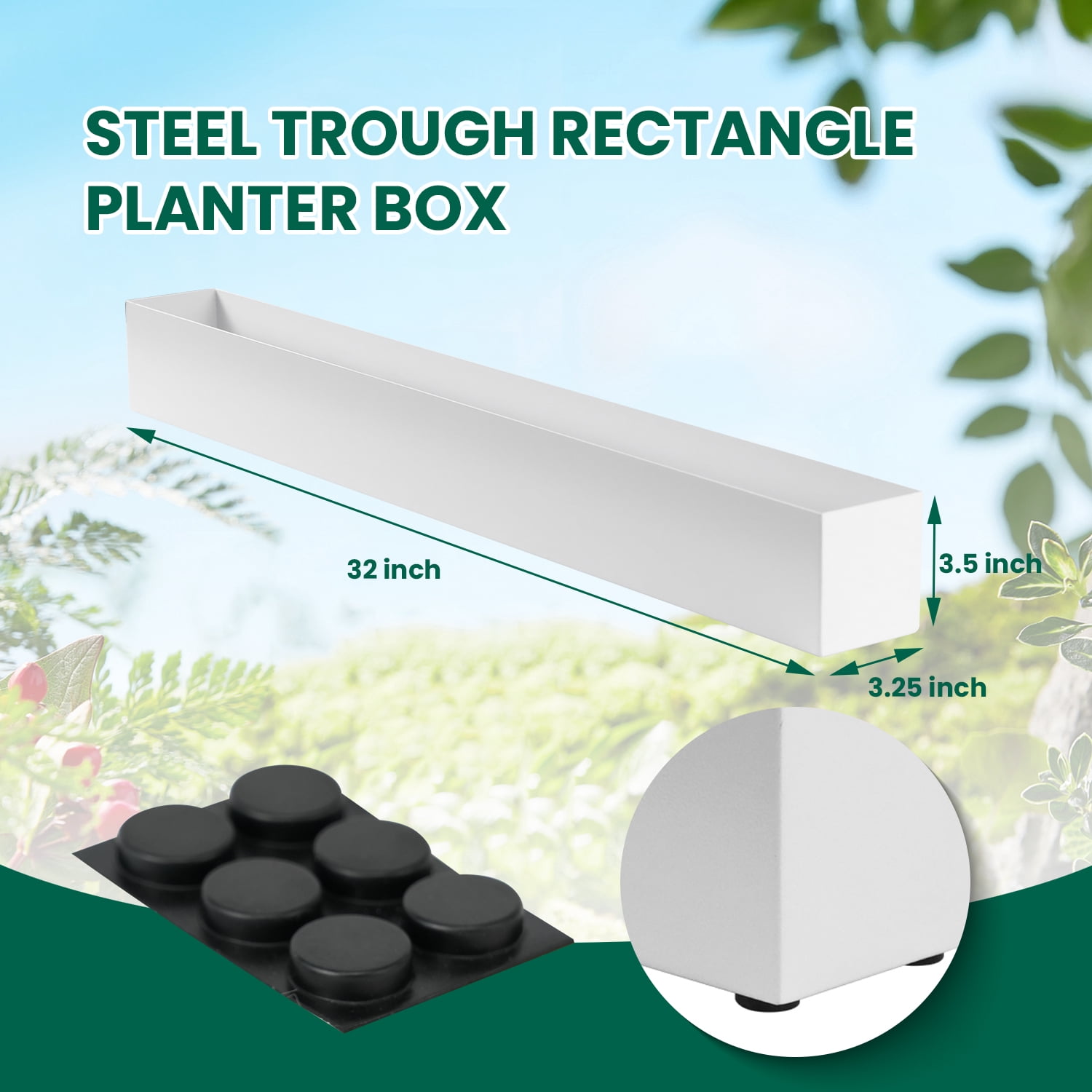 3.5"x3.25"x32" Planter Box with 4 Rubber Mats Trough Planter Pots Succulent Planters Window Sill Table Galvanized Steel Rectangle Durable for Small Herb with Drainage Hole Indoor Outdoor, White