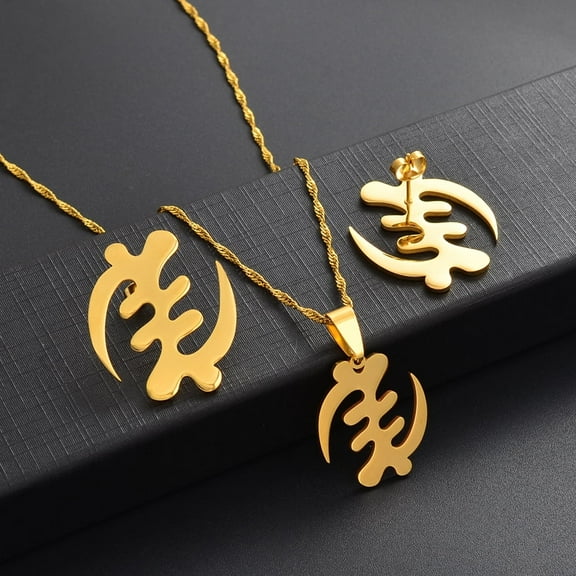 African Symbol Necklaces Stud Earrings Sets 14k Yellow Gold Adinkra Gye Nyame Ethnic Jewelry Sets