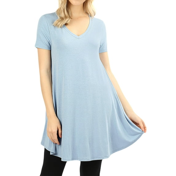 Women V-neck Short Sleeve Round Hem Flowy A-Line Tunic Top with Side Pockets