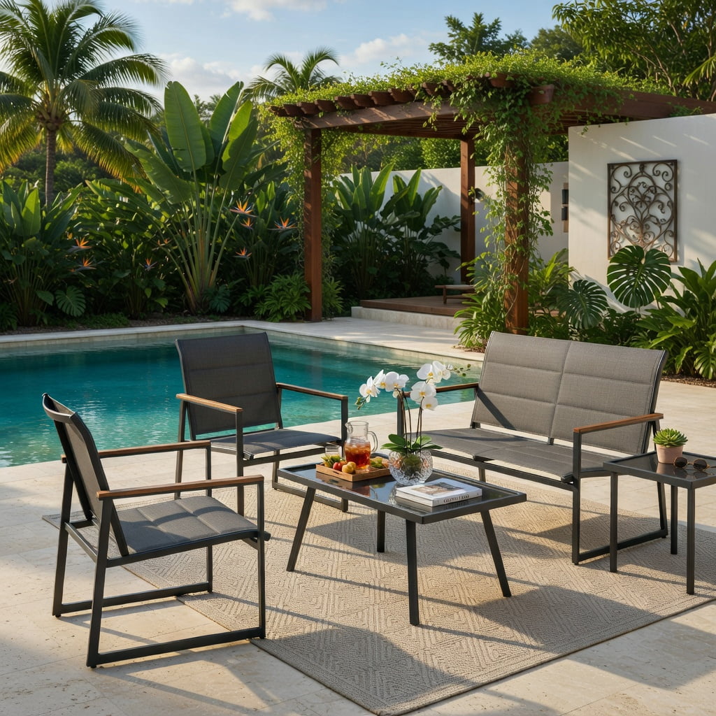 Hommoo 4-Piece Modern Outdoor Patio Furniture Set, Loveseat, 2 Armchairs & Tempered Glass Coffee Table for Backyard, Poolside & Balcony, Gray