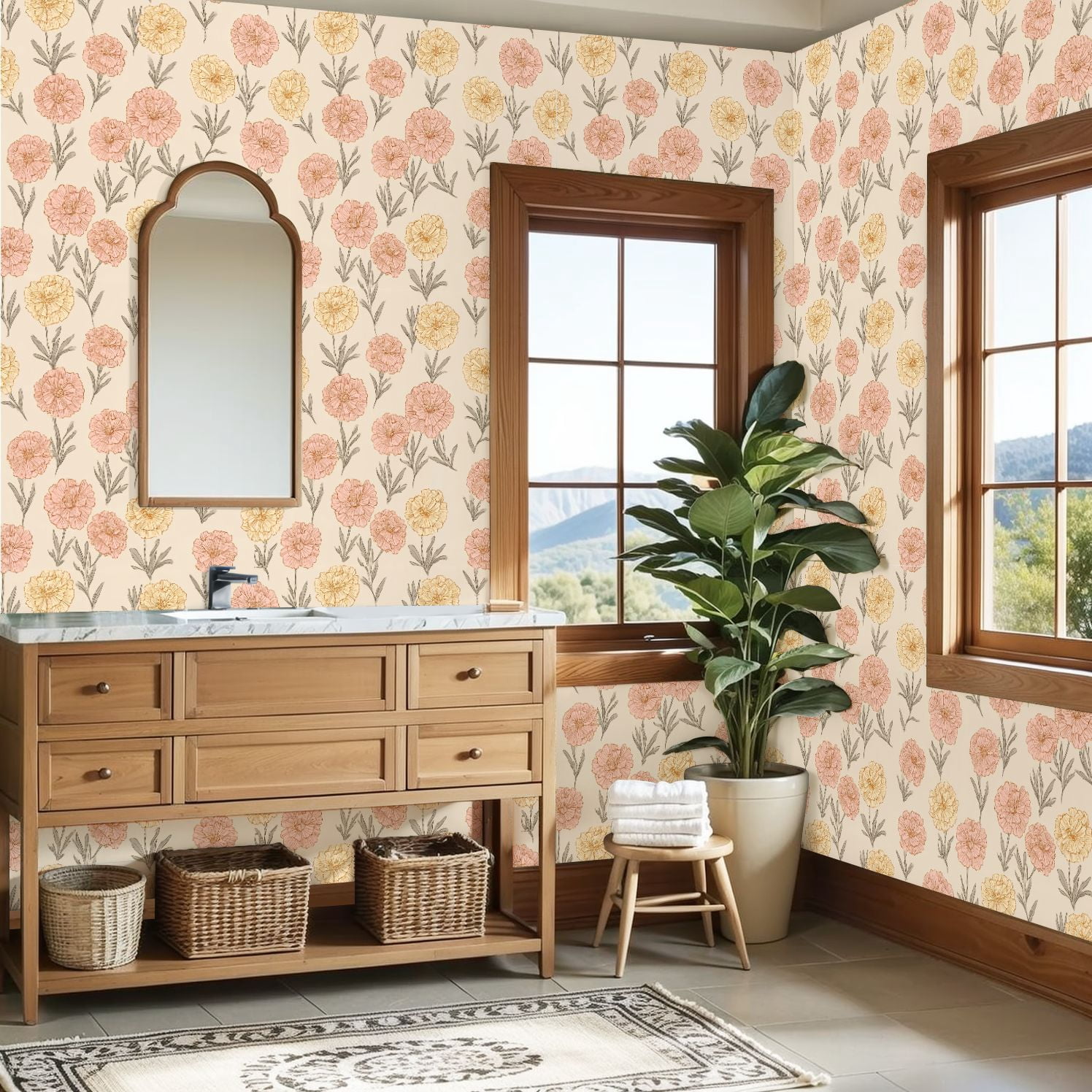 Peel and Stick Wallpaper Soft Pink Yellow Carnation Floral Beige vintage boho Wall Mural 23.6in x 9.8ft Self Adhesive Removable Wall Paper Renter Friendly Wallpaper for Bedroom Kitchen Bathroom