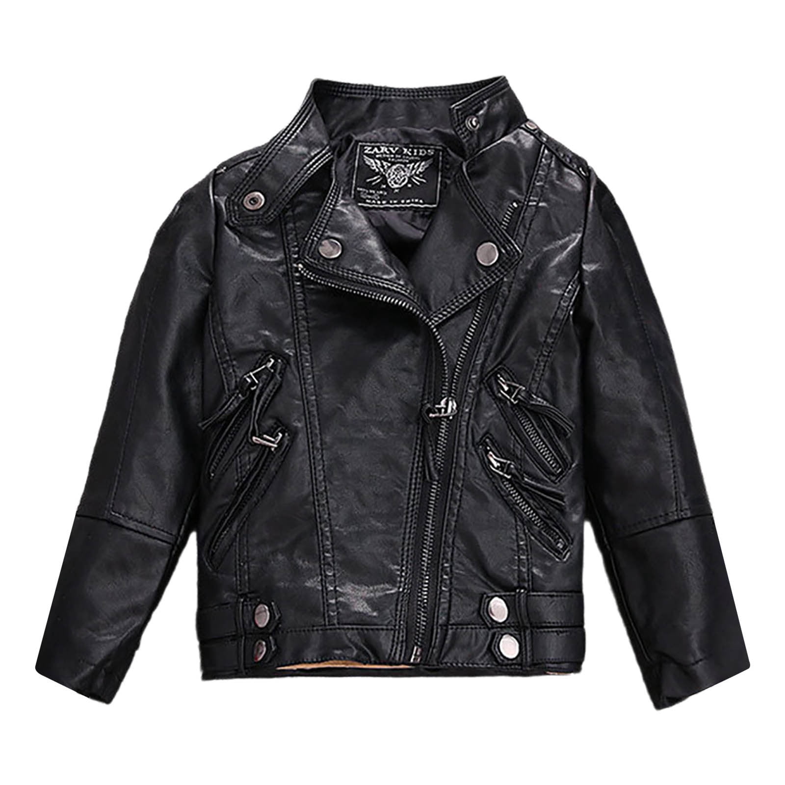 ATOGUTA Girls Faux Leather Jacket Motorcycle & Bomber Style for Kids Windproof Zip Jacket with Pockets Size 2T-14, Black