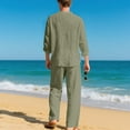 thumbnail image 4 of Men's Solid Color Casual Fashion Linen Quarter Button Stand-Up Collar Long Sleeved Shirt Long Pants Beach Set Lightweight Sweatshirt Fall Clothes Two Piece Lounge Matching Set Men, 4 of 9