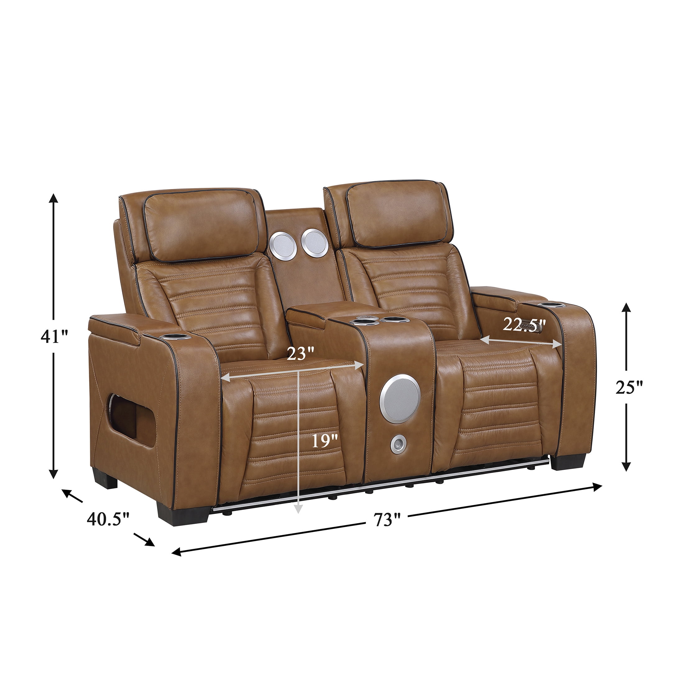 OakvillePark Elantra Leather Match Power Double Reclining Love Seat with Center Console/Power Headrests/Storage Arms/Cup Holders/Wireless speakers/Air Massage/Heat/LED Lighting/Charging Ports, Brown