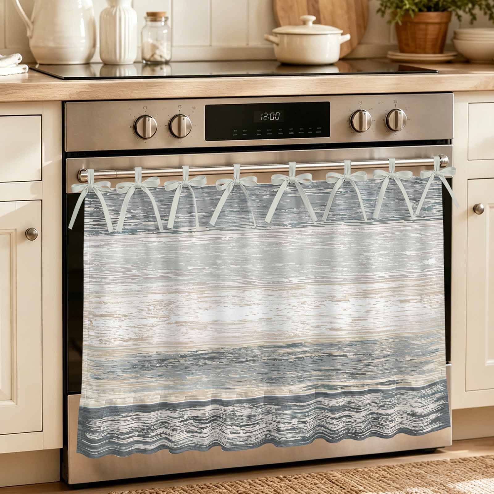 Silver Grey Oven Skirt for Farmhouse Kitchen D&eacute;cor Farmhouse Gray Barn Wooden Vintage Striped Oven Curtain Tie Top Decorative Stove Skirt Cabinet Dish Washer Curtains with 8 Ribbon Ties 32 x24