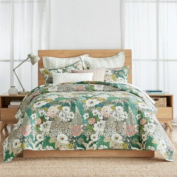 Levtex Home - Bettina Quilt Set - Full/Queen Quilt and Two Standard Shams - Floral - Teal, Blue, Green, Mauve, Cream - Quilt (88x92in.) and Shams (20x26in.) - Reversible - Cotton