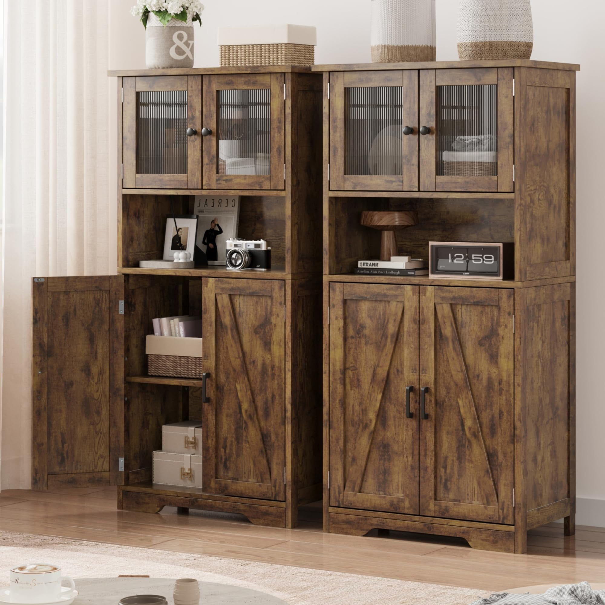 50.4in Tall Bathroom Cabinet, Farmhouse Storage Cabinet with Glass Doors and Adjustable Shelves, Freestanding Kitchen Pantry Cabinets, Cupboard for Living Room, Dining Room