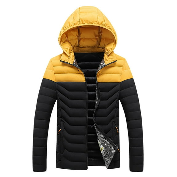Men's Winter Down Jackets Coats Hooded Puffer Jacket Lightweight Winter Coat Color Block Quilted Parka Jackets Trendy Causal Down Coats with Zip Pocket