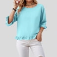 thumbnail image 3 of Towmus Womens 3/4 Sleeve Tops Knit Cotton Ladies Blouses Crew Neck T Shirts for Women Loose Fit Ruffle Sleeve Tunic Tops, S, Sky Blue, 3 of 8