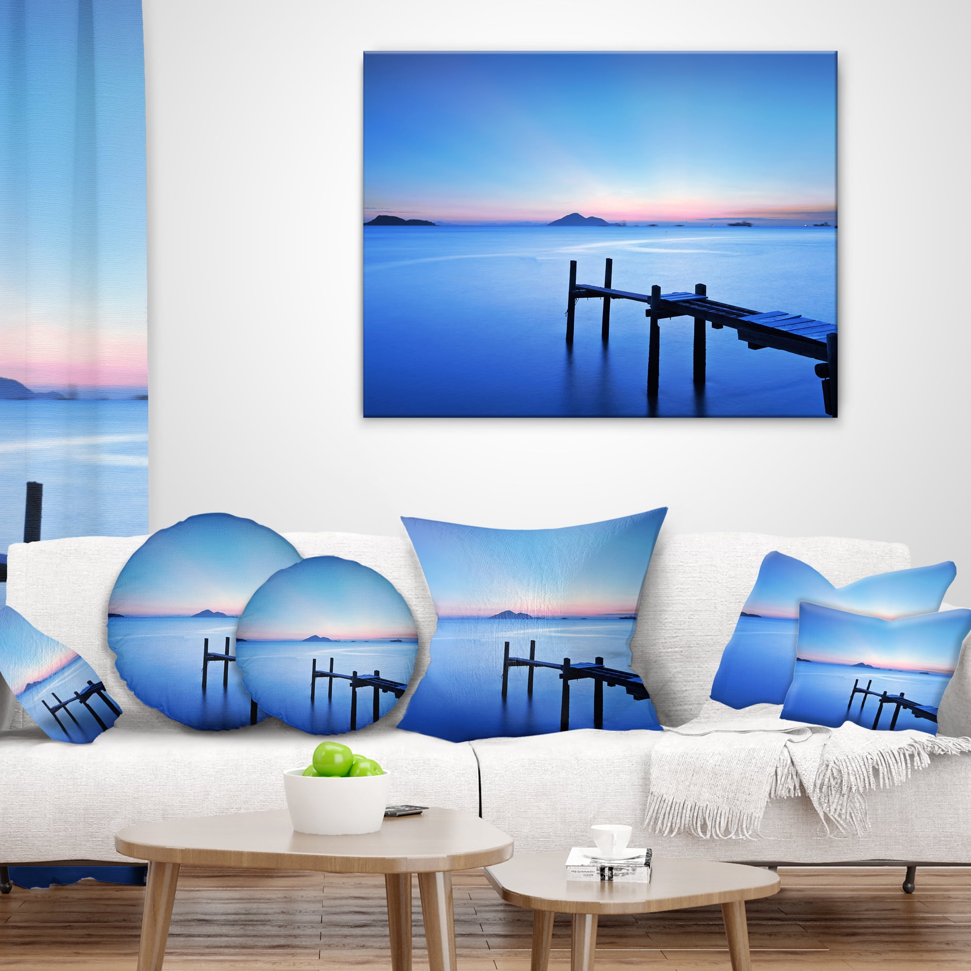 Designart Wooden Pier in Blue Sea - Seascape Throw Pillow - 16x16