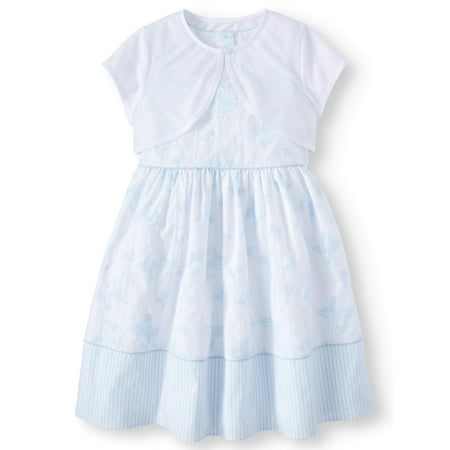 Eyelet Ribbon Empire Dress - Girls' Printed Eyelet Easter Dress and Pointelle Shrug, 2-Piece Set