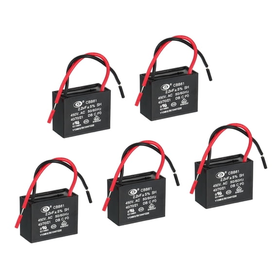 CBB61 Ceiling Fan Capacitor, 5Pcs 2.2uF 450V AC 50/60HZ with 2 Wires 38x30x29mm