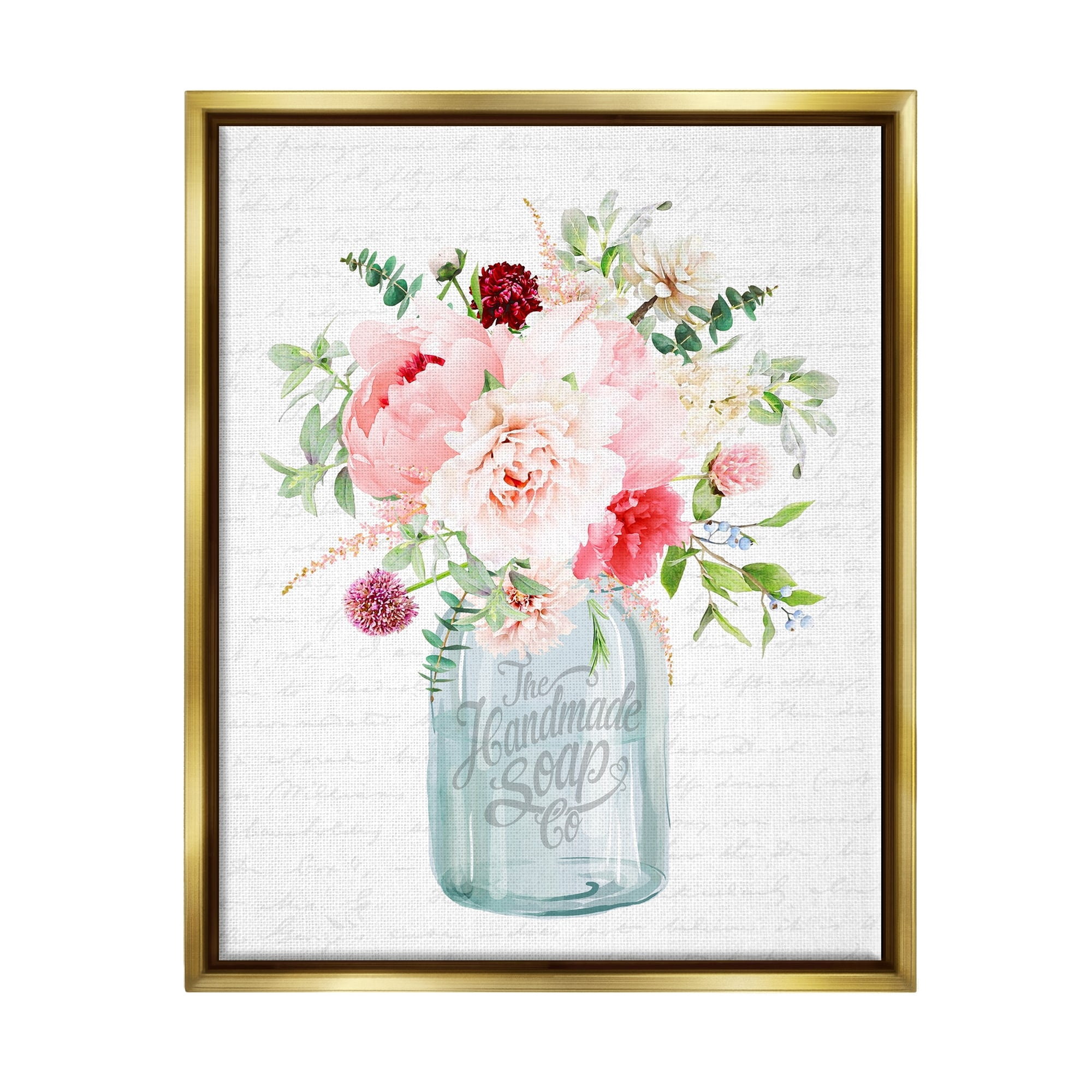 Stupell Industries Bright Pink Floral Bouquet Cursive Script Pattern Graphic Art Metallic Gold Floating Framed Canvas Print Wall Art, Design by Lettered and Lined