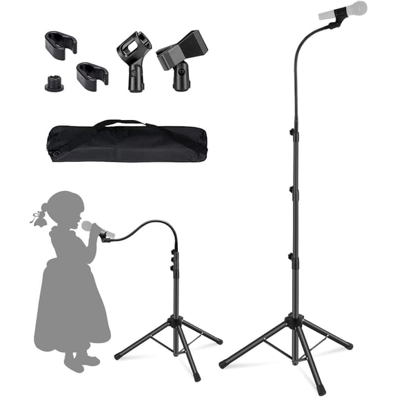 Microphone Stand Boom Mic Stand-Kangziliang Mike Stand Gooseneck Microphone Stand Tripod Adjustable Height 3'- 6' with Mic Clips and 3/8" - 5/8" Adapter for Singing,Most Mics