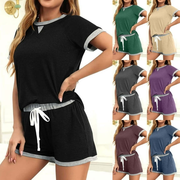 ZZwxWA Shorts Sets for Women Summer Casual 2 Piece Outfits Short Sleeve Tops and Drawstring Shorts Color Block Sweatsuit