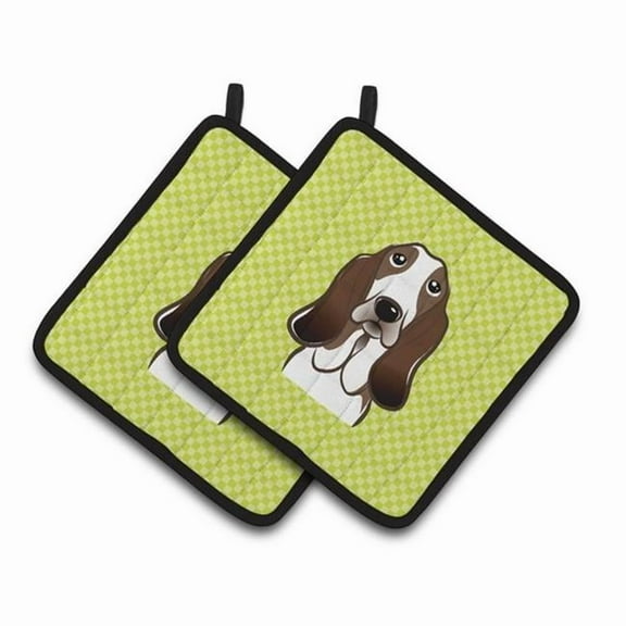 Carolines Treasures BB1305PTHD Checkerboard Lime Green Basset Hound Pair of Pot Holders , 7.5HX7.5W, multicolor