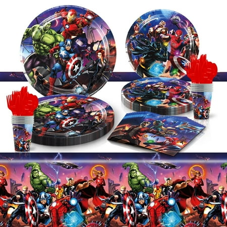 81 Pcs Avenger Party Tableware Set, Birthday Party Supplies, Table Cover,Paper Plates, Napkins, Cups, Knives, Spoons and Forks