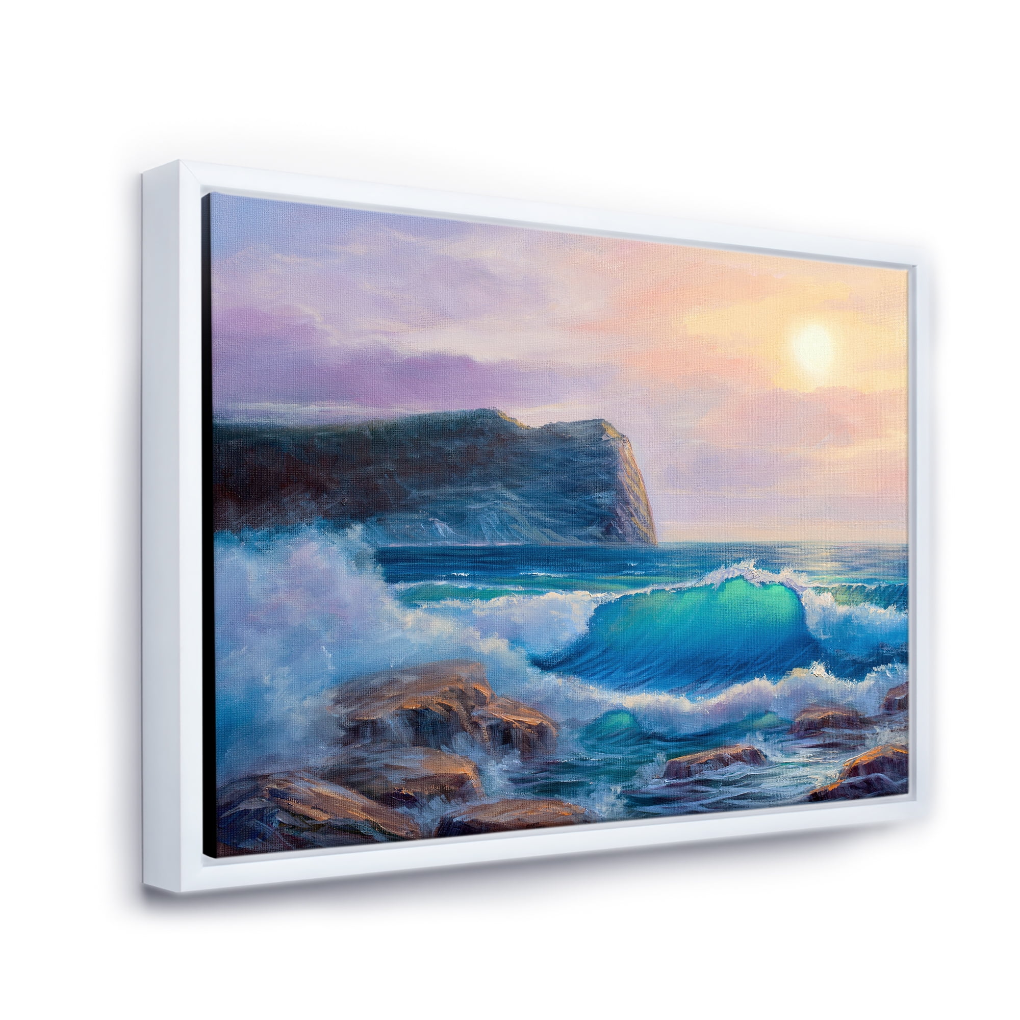Designart 'Blue Waves Breaking At The Beach Landscape III' Nautical & Coastal Framed Canvas Wall Art Print