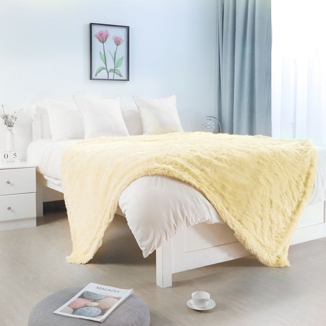 Unique Bargains Shaggy Faux Fur Decorative Blanket Pale Yellow Throw
