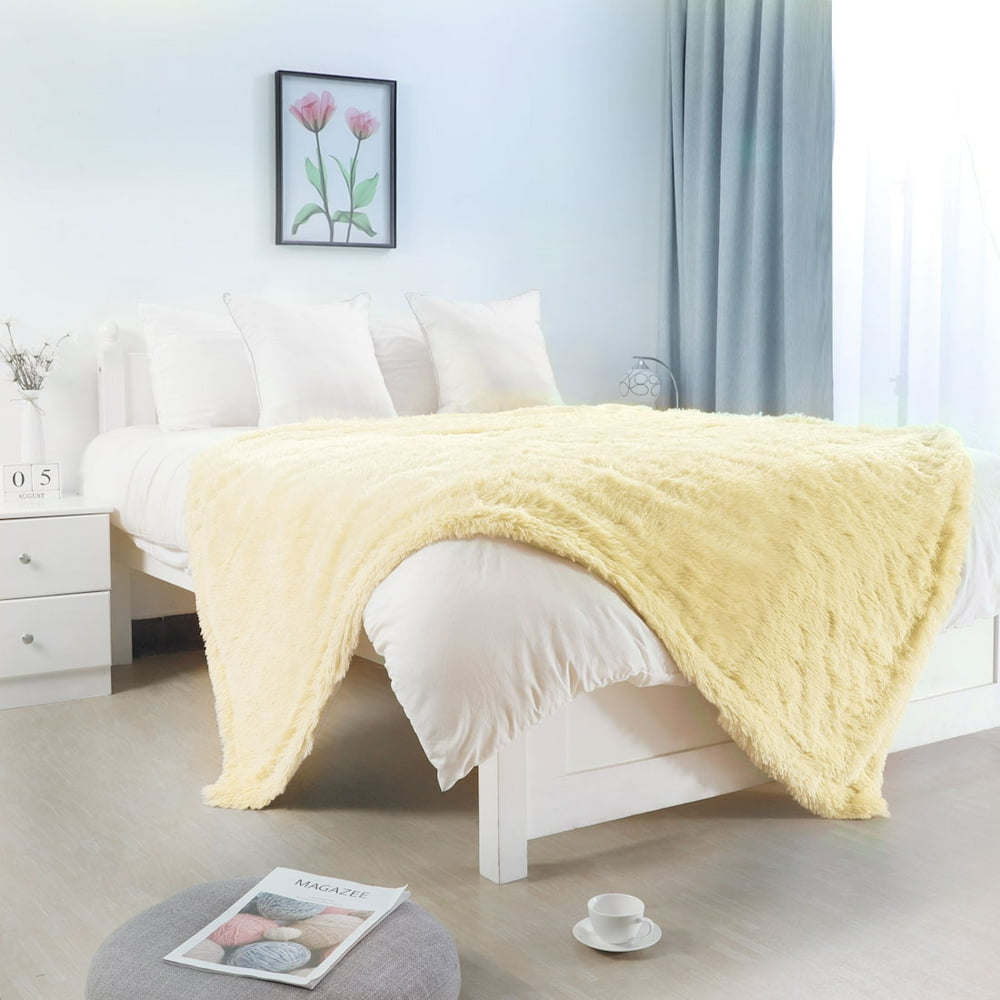 Shaggy Faux Fur Decorative Throw Blanket 51" x 59", Pale Yellow