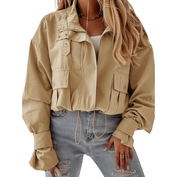 Long Sleeve Solid Cropped Bomber Jacket Women Loose Zipper Crop Coat with Pocket